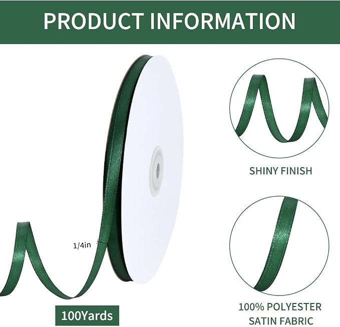 TONIFUL 1/4 Inch x 100yds Emerald Green Christmas Green Satin Ribbon, Thin - Image 2