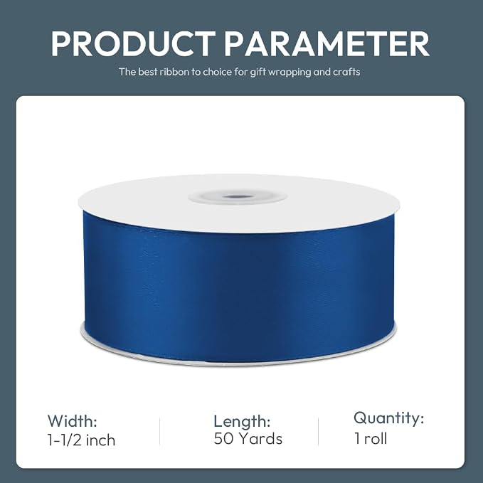 KMER LIFE 1-1/2" Wide x 50 Yards Navy Blue Single Faced Polyester Satin Ribbon - Image 2
