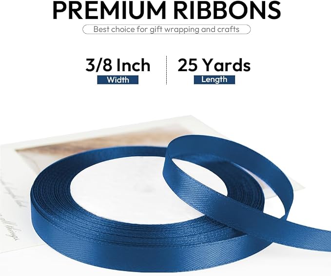 3/8 Inch 25 Yards Satin Ribbon Dark Blue, Solid Color Fabric Ribbon - Image 2