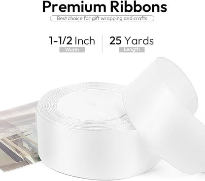 1-1/2 Inch 25 Yards Satin Ribbon White, Solid Color Fabric Ribbon - Image 2
