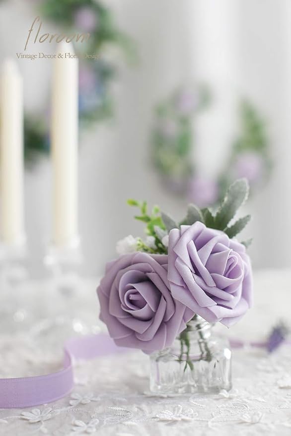 Floroom Artificial Flowers 50pcs Real Looking Lilac Foam Fake Roses - Image 7