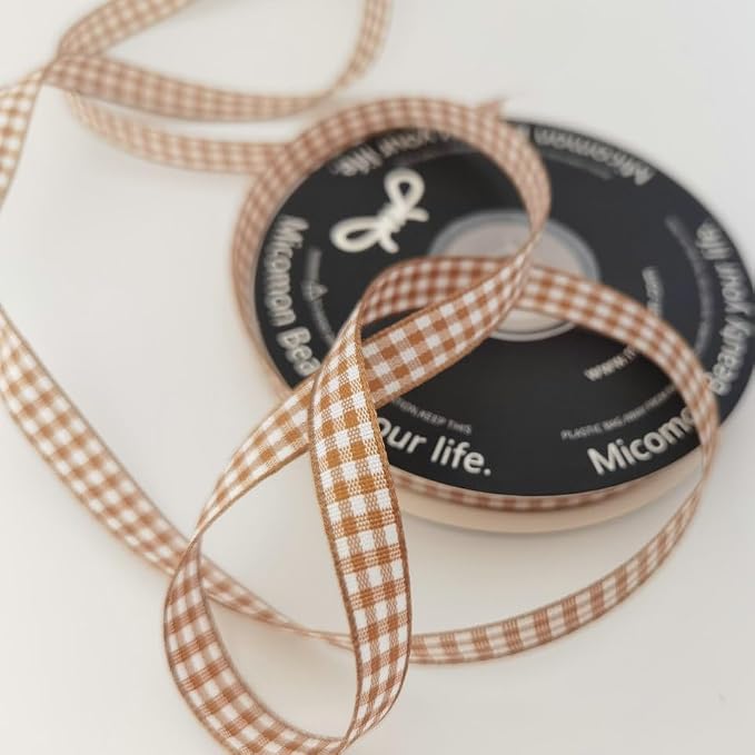 Micomon Khaki and White Woven Edge Plaid Ribbon 100% Polyester Gingham Ribbon - Image 6