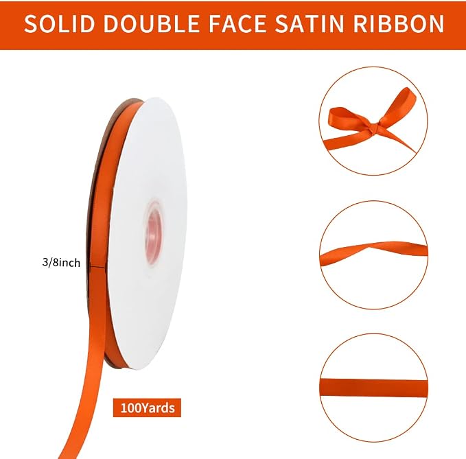 TONIFUL 3/8 Inch x 100yds Orange Satin Ribbon Thin Solid Fabric Ribbons - Image 2
