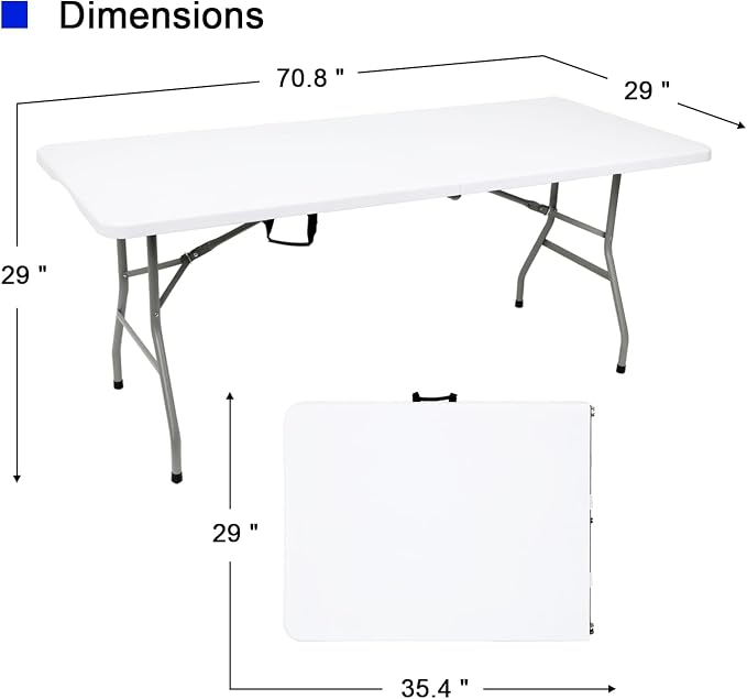 70.8" W X 29" D X 29" H - 6 ft Folding Table White Portable Heavy Duty Plastic - Image 3
