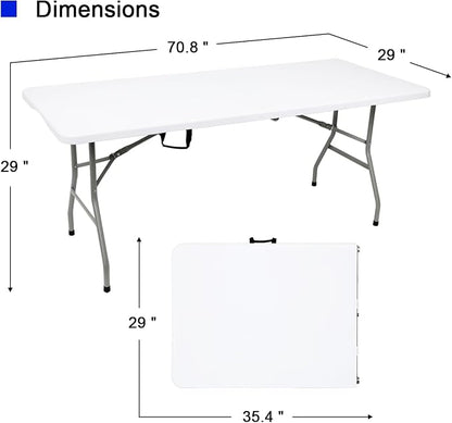 70.8" W X 29" D X 29" H - 6 ft Folding Table White Portable Heavy Duty Plastic - Image 3