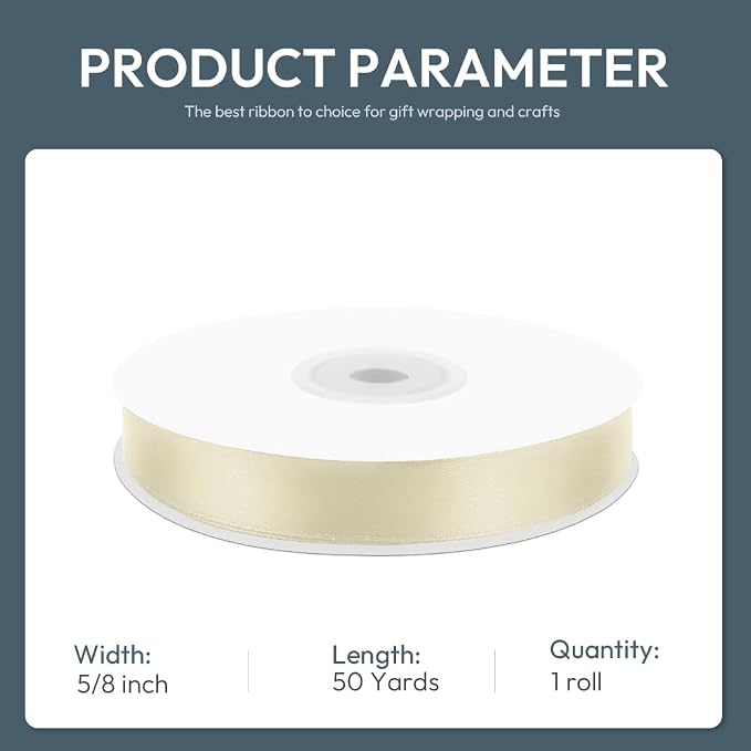 KMER LIFE 5/8" Wide x 50 Yards Ivory Single Faced Polyester Satin Ribbon - Image 2