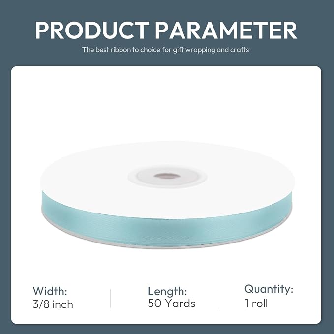 KMER LIFE 3/8" Wide x 50 Yards Baby Blue Polyester Satin Ribbon, Gift Wrapping - Image 2
