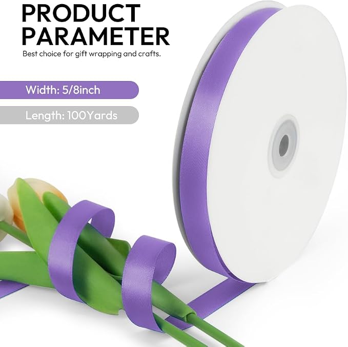 5/8 Inch 100 Yards Satin Ribbon Light Purple, Solid Color Fabric Ribbon - Image 2
