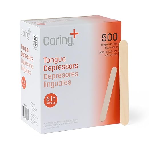 Caring Wood Tongue Depressors, Standard 6 Inch Length, Non-Sterile, by Caring