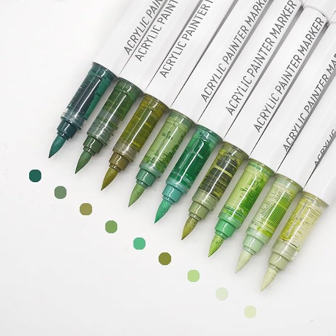 Water Based Acrylic Paint Markers Green, 9 Colors Acrylic Paint Pens Set by Yolaka
