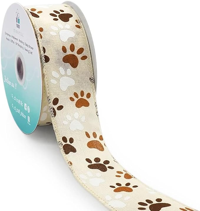 CT CRAFT LLC Ivory Canvas Dog Paw Wired Ribbon 1.5 Inch x 10 Yards by CTCRAFTLLC