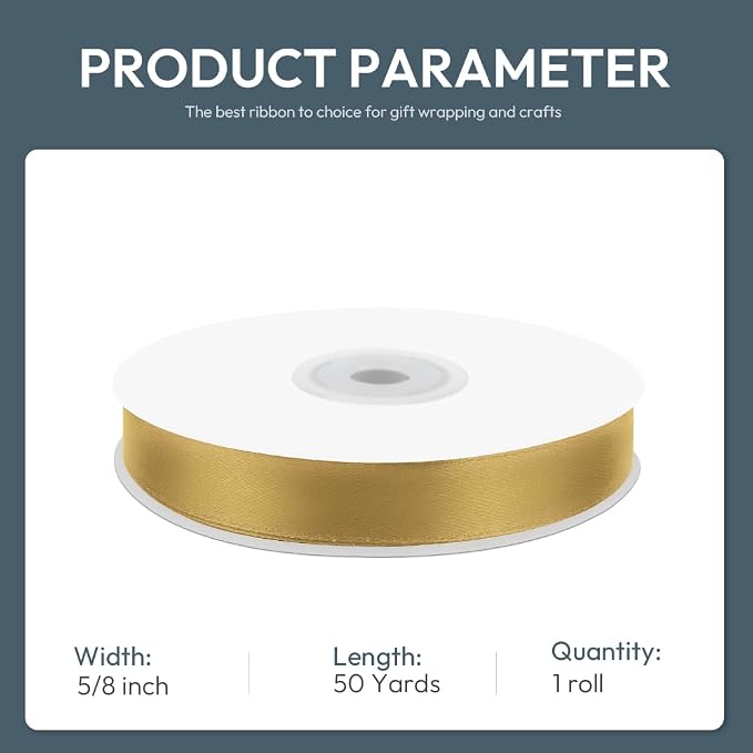 KMER LIFE 5/8" Wide x 50 Yards Golden Single Faced Polyester Satin Ribbon - Image 2