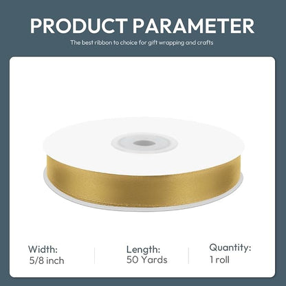 KMER LIFE 5/8" Wide x 50 Yards Golden Single Faced Polyester Satin Ribbon - Image 2