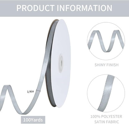 TONIFUL 1/4 Inch x 100yds Silver Satin Ribbon, Thin Solid Color Satin Ribbon - Image 2