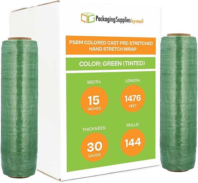 PSBM Green Stretch Wrap, 15 Inch x 1476 Feet, 144 Pack, Tinted Pre-Stretched by PackagingSuppliesbymail