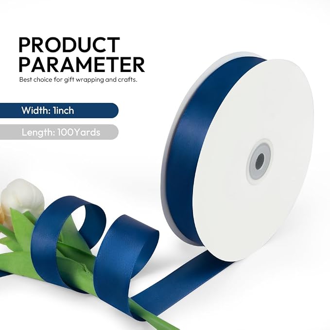 1 Inch 100 Yards Satin Ribbon Dark Blue, Solid Color Fabric Ribbon - Image 2