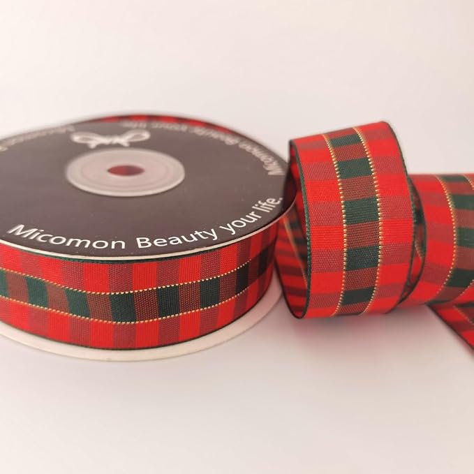 Micomon X'Mas Gingham Ribbon Green Red Metallic Gingham Ribbon 25 Yards Each - Image 6