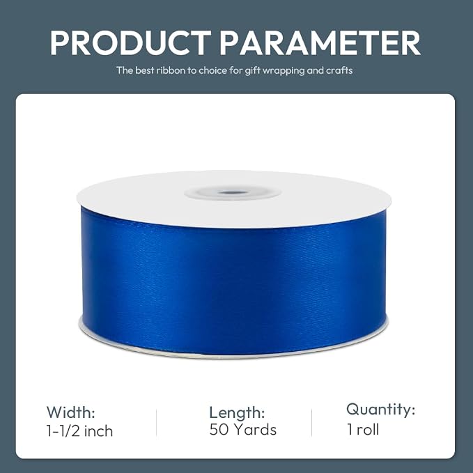 KMER LIFE 1-1/2" Wide x 50 Yards Single Faced Polyester Satin Ribbon, Royal - Image 2
