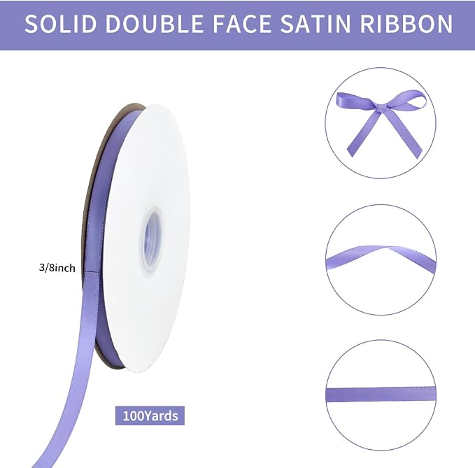 TONIFUL 3/8 in x 100yds Light Purple Satin Ribbon Thin Solid Fabric Ribbons Roll - Image 2