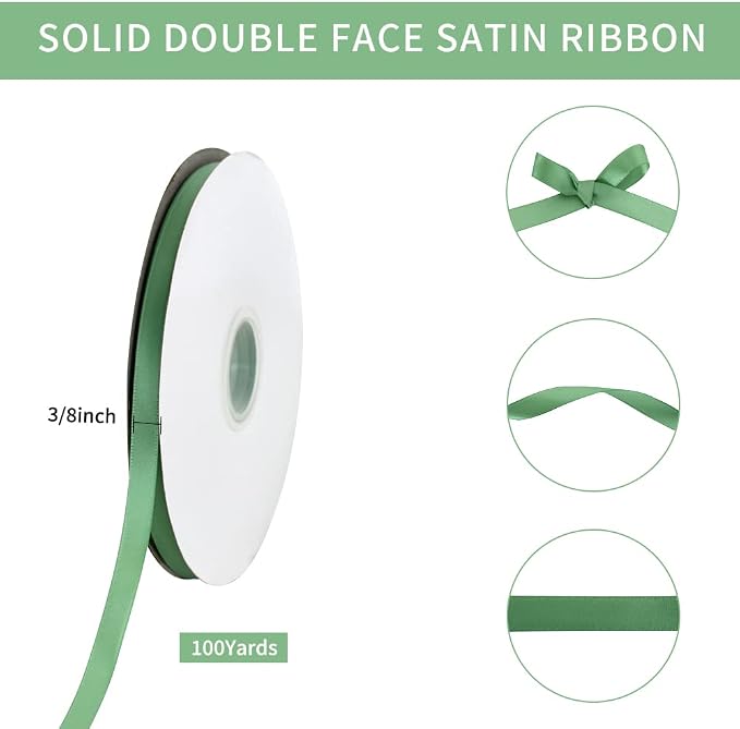 TONIFUL 3/8 Inch x 100yds Sage Green Satin Ribbon Thin Solid Fabric Ribbons Roll - Image 2