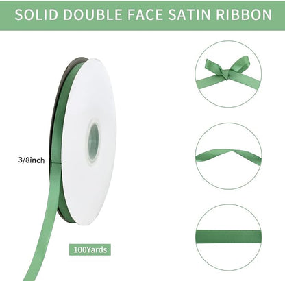 TONIFUL 3/8 Inch x 100yds Sage Green Satin Ribbon Thin Solid Fabric Ribbons Roll - Image 2