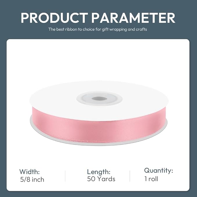 KMER LIFE 5/8" Wide x 50 Yards Pink Single Faced Polyester Satin Ribbon - Image 2
