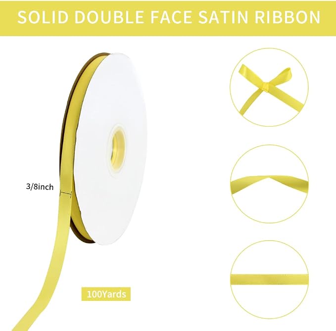 TONIFUL 3/8 Inch x 100yds Lemon Light Yellow Satin Ribbon Thin Solid Fabric - Image 2