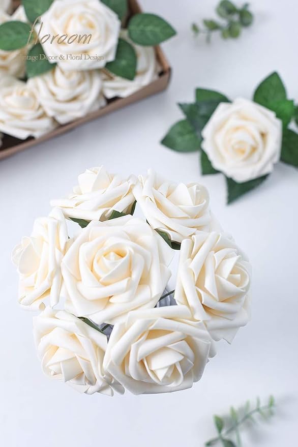 Floroom Artificial Flowers 50pcs Real Looking Cream Foam Fake Roses - Image 2