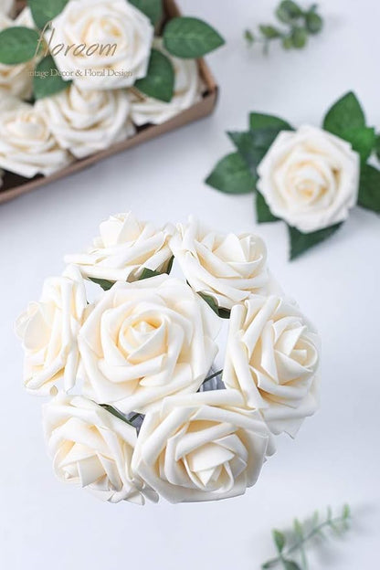 Floroom Artificial Flowers 50pcs Real Looking Cream Foam Fake Roses - Image 2