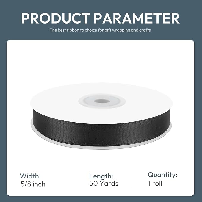 KMER LIFE 5/8" Wide x 50 Yards Black Single Faced Polyester Satin Ribbon - Image 2
