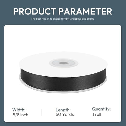 KMER LIFE 5/8" Wide x 50 Yards Black Single Faced Polyester Satin Ribbon - Image 2