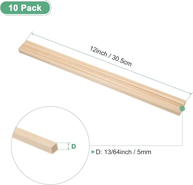 10-Pack Wood Square Dowel Rods, 13/64 x 12 Inch Unfinished Wooden Square Dowel - Image 3
