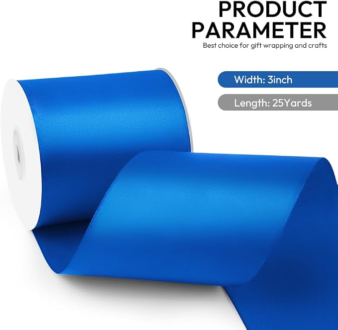 3 Inch 25 Yard Wide Satin Ribbon Royal Blue, Solid Fabric Large Ribbon Roll - Image 2