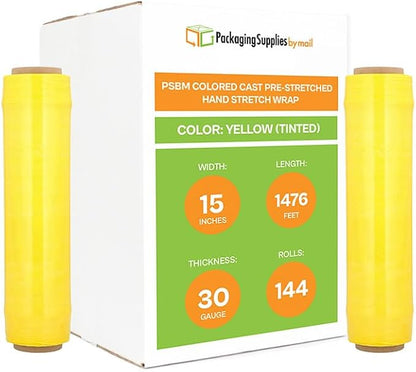 PSBM Yellow Stretch Wrap, 15 Inch x 1476 Feet, 144 Pack, Tinted Pre-Stretched by PackagingSuppliesbymail