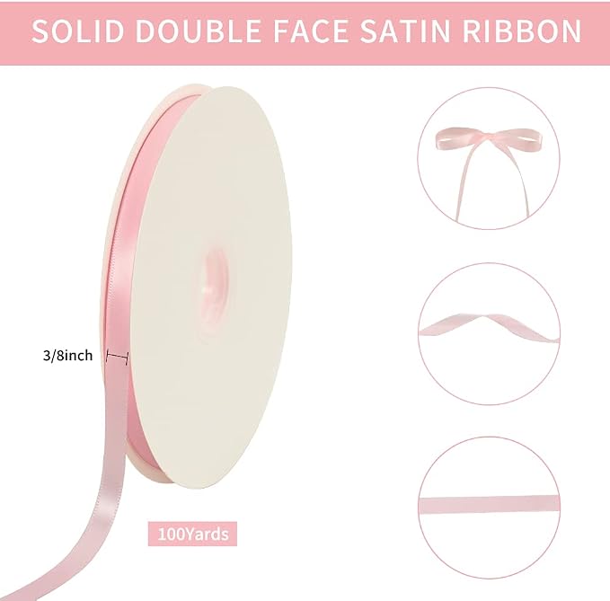 TONIFUL 3/8 Inch x 100yds Light Pink Satin Ribbon Thin Solid Fabric Ribbons Roll - Image 2