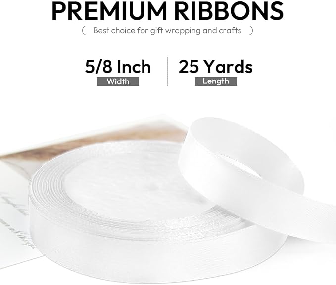 5/8 Inch 25 Yards Satin Ribbon White, Solid Color Fabric Ribbon - Image 2