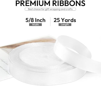 5/8 Inch 25 Yards Satin Ribbon White, Solid Color Fabric Ribbon - Image 2