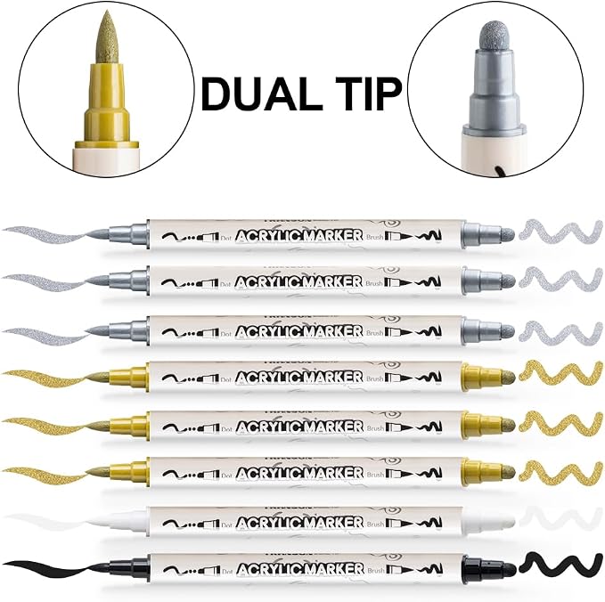 TRANSON 3 Gold, 3 Silver, 1 Black and 1 White Paint Markers Brush and Bold - Image 4