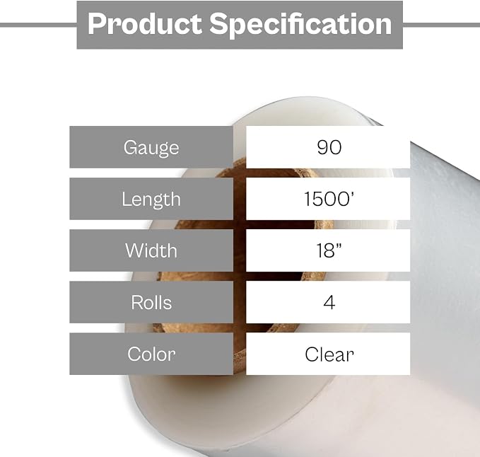 PSBM Stretch Wrap, 4 Pack, 18 Inch x 1500 Feet, 90 Gauge, Cast Hand Stretch - Image 3