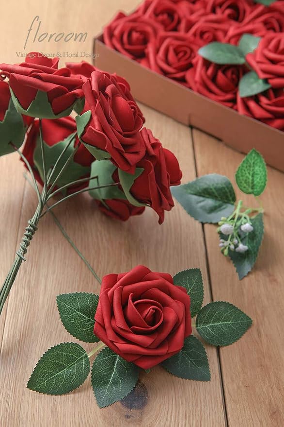 Floroom Artificial Flowers 50pcs Real Looking Dark Red Foam Fake Roses - Image 2