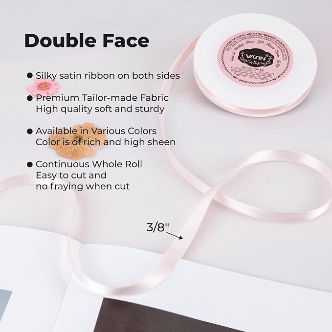 VATIN Double Face Sideshow Rose Satin Ribbon 3/8" Continuous 50 Yards, Gift - Image 2