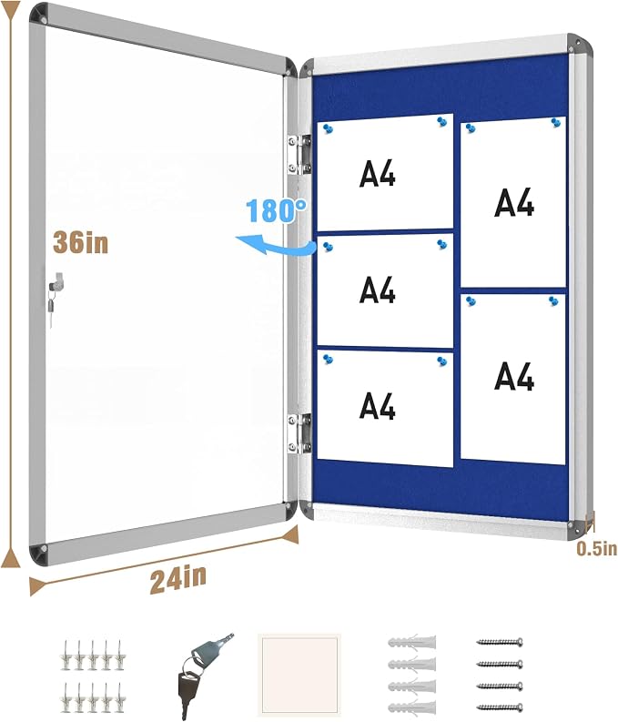 36"x24" Enclosed Bulletin Board, Lockable Weather-Resistant Aluminum Cork - Image 5