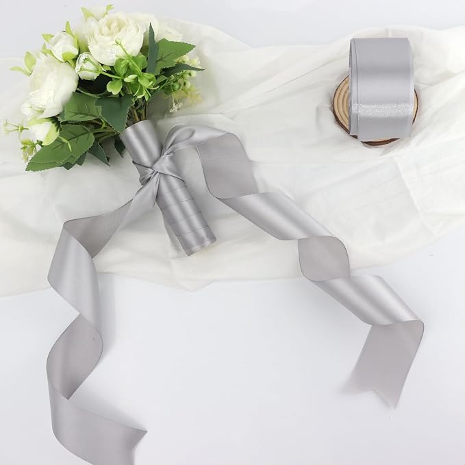 Gray Solid Satin Ribbon 2 Inch 25 Yards Solid Polyester Fabric Ribbon - Image 6
