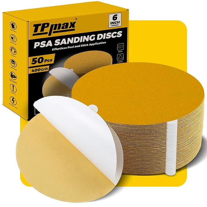 6-Inch 400-Grit Gold PSA Sanding Discs, 50 Pack – Pro-Grade Self-Adhesive by TPmax
