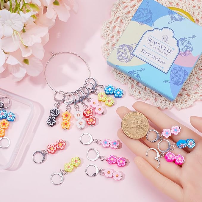 SUNNYCLUE 1 Box 20Pcs Knitting Stitch Markers Polymer Clay Flower Beads Cute - Image 3