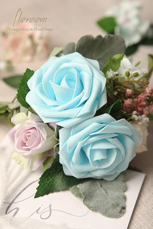 Floroom Artificial Flowers 50pcs Real Looking Aqua Blue Foam Fake Roses - Image 2