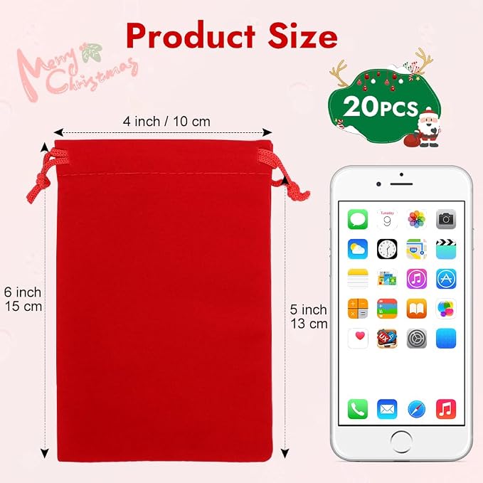 Shintop 20pcs Velvet Bags with Drawstrings, 4x6inch Red Gift Bags Jewelry - Image 2