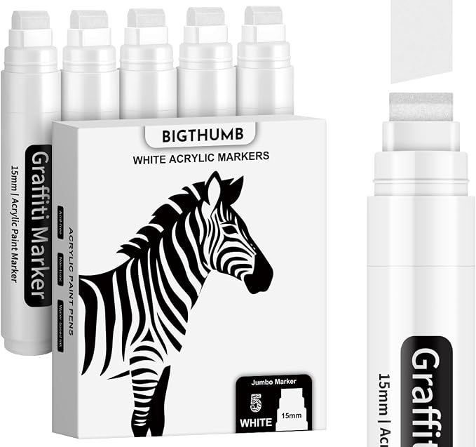 White Poster Markers Jumbo Paint Pen: 5 pcs 15mm Wide Tip Thick Acrylic Paint by BIGTHUMB