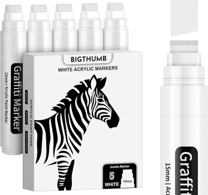 White Poster Markers Jumbo Paint Pen: 5 pcs 15mm Wide Tip Thick Acrylic Paint by BIGTHUMB