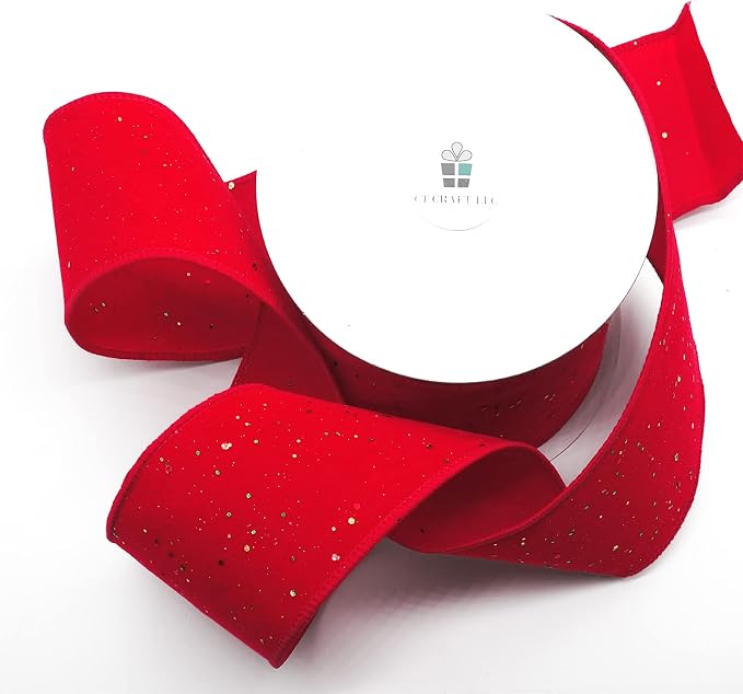 CT CRAFT LLC Red Velvet with Confetti Glitter Wired Ribbon 2.5 Inch x 10 Yards - Image 3
